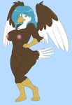  anthro avian bald_eagle beak big_breasts big_butt bird blue_hair breasts butt eagle feathers female green_eyes hair huge_butt long_hair looking_at_viewer mound_of_venus nipples nude pinup pose pubic_mound skidd smile solo standing voluptuous wide_hips wings 