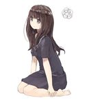  barefoot brown_eyes brown_hair dress expressionless from_side long_hair md5_mismatch nasuna original sailor_dress school_uniform simple_background sitting solo wariza white_background 