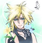  androgynous bad_id bad_pixiv_id bare_shoulders blonde_hair blue_eyes bow choker cloud_strife final_fantasy final_fantasy_vii flower gloves male_focus popped_collar shinzui_(fantasysky7) single_wing smile solo squid translated wings 