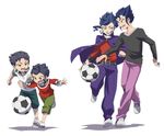  baggy_pants ball belt blue_hair bracelet brothers cloak dual_persona highres inazuma_eleven_(series) inazuma_eleven_go inazuma_eleven_go_chrono_stone jewelry kiriku_(nakuro) male_focus mole multiple_boys open_mouth pants running shirt shoes siblings sneakers soccer_ball spiked_bracelet spikes telstar tsurugi_kyousuke tsurugi_yuuichi yellow_eyes younger 