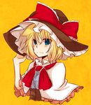  adapted_costume alice_margatroid black_dress blonde_hair blue_eyes blush borrowed_garments capelet cosplay dress hand_on_headwear hat hat_ribbon kirisame_marisa kirisame_marisa_(cosplay) looking_at_viewer ribbon short_hair solo touhou upper_body witch_hat yuuta_(monochrome) 