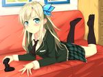  black_legwear blonde_hair blue_eyes blush boku_wa_tomodachi_ga_sukunai breasts butterfly_hair_ornament controller dualshock game_controller gamepad hair_ornament highres kashiwazaki_sena kneehighs long_hair looking_at_viewer lying medium_breasts no_shoes on_stomach plaid plaid_skirt school_uniform skirt solo st._chronica_academy_uniform takanashi_sora_(soramyon) 