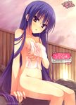  absurdres breast_hold breasts covering highres medium_breasts muririn nagamitsu_maya navel noble_works nude nude_cover onsen purple_hair red_eyes sitting towel 