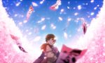  317_(saina) alternate_eye_color alternate_hair_color axis_powers_hetalia ball bangs bloomers blurry brown_eyes brown_hair carrying cherry_blossoms chibitalia_(hetalia) child depth_of_field floral_print happy japan_(hetalia) japanese_clothes kimono looking_afar male_focus multiple_boys northern_italy_(hetalia) ofuda open_mouth parted_bangs petals sky underwear wide_sleeves wind younger 