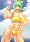  1girl abs alop-net bad_id bare_shoulders bikini breasts character_request cloud flex flexing green_hair hair_ribbon hand_on_hip highres hips long_hair looking_at_viewer macto muscle ocean open_mouth ponytail pose ribbon smile solo source_request swimsuit water wink yellow_eyes 