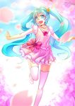  :d aqua_eyes aqua_hair bad_id bad_pixiv_id cherry_blossoms dress flower hair_flower hair_ornament hatsune_miku highres long_hair mikoto_(mio) open_mouth petals smile solo thighhighs tree twintails very_long_hair vocaloid zettai_ryouiki 