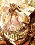  2girls ar_tonelico blonde_hair earrings harvestasha jewelry multiple_girls official_art outdoors wings 