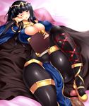  :&lt; black_hair blue_eyes bodysuit book bracelet breasts cape center_opening cleavage fire_emblem fire_emblem:_kakusei footjob hair_ornament highres jewelry large_breasts lying navel penis pillow poko_chin solo_focus tharja 