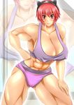  1girl abs alop-net animal_ears breasts cat_ears character_request erect_nipples hairband hand_on_hip highres hips huge_breasts leaning_forward macto muscle red_eyes red_hair short_hair smile solo source_request thighs 
