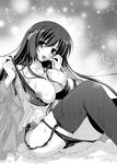  akoko. bra breasts business_suit cleavage copyright_request cream formal garter_belt greyscale highres large_breasts lingerie long_hair monochrome nipple_slip nipples open_mouth panties panty_pull smile solo suit thighhighs underwear undressing 