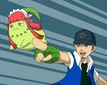  alternate_form baseball_cap chikorita commentary cosplay gen_2_pokemon gloves hat iori_junpei open_mouth persona persona_3 pokemon pokemon_(anime) pokemon_(creature) red_hair satoshi_(pokemon) satoshi_(pokemon)_(cosplay) yoshino_chidori 