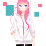 bad_id bad_pixiv_id blue_eyes hood hoodie long_hair looking_away megurine_luka mikipa open_mouth pantyhose pink_hair sleeves_rolled_up solo vocaloid 