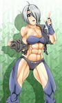  1girl abs ahoge alop-net angel_(kof) blue_eyes breasts chaps fingerless_gloves gloves gray_hair grey_hair hair_over_one_eye highres king_of_fighters large_breasts looking_at_viewer macto muscle open_mouth short_hair snk solo undressing 