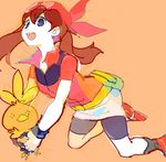  backpack bag bandana brown_hair doodle drawr gen_3_pokemon gloves haruka_(pokemon) holding open_mouth orange_background pokemon pokemon_(creature) pokemon_(game) pokemon_rse shouji_ni_nanshi torchic 