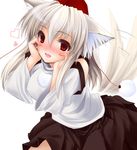  :d animal_ears bare_shoulders blush detached_sleeves fang gizensha hands_on_own_face hat heart inubashiri_momiji open_mouth red_eyes silver_hair smile solo tail tail_wagging tokin_hat touhou wolf_ears wolf_tail 