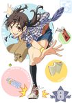  aoi_sora_(pairan) bag book bottle brown_eyes brown_hair denim denim_skirt food highres open_mouth original outstretched_arms pairan pocky round_teeth shoulder_bag skirt smile solo spread_arms standing standing_on_one_leg teeth twintails water_bottle wristband 