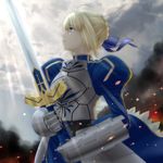  ahoge akahige armor armored_dress artoria_pendragon_(all) blonde_hair dress excalibur fate/stay_night fate_(series) gauntlets green_eyes hair_ribbon ribbon saber solo sword weapon 