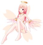  alcohol_(coldfront) angel bad_id bad_pixiv_id garter_straps hair_ornament hairclip halo long_hair no_shoes one_eye_closed open_mouth original panties pink_eyes pink_hair sitting solo thighhighs underwear white_legwear wince wings 