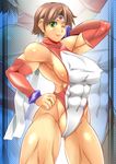  abs alop-net arm_behind_head breasts brown_hair detached_sleeves green_eyes hand_on_hip headband highres hips leotard looking_at_viewer macto muscle skin_tight solo wink zoom_layer 