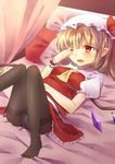  ascot bad_id bad_pixiv_id black_legwear blonde_hair flandre_scarlet hat long_hair lying panties panties_under_pantyhose pantyhose pointy_ears red_eyes side_ponytail skirt skirt_set solo tears tepes thighband_pantyhose touhou underwear wings wrist_cuffs 