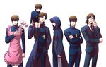  apron bad_id bad_pixiv_id bespectacled between_fingers brown_eyes brown_hair cassock child cross cross_necklace crossover fate/stay_night fate/tiger_colosseum fate/zero fate_(series) formal glasses hood jewelry kotomine_kirei long_coat long_hair male_focus multiple_boys multiple_persona necklace necktie older sanada_(teketo) sensha_otoko suit white_background younger 
