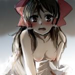  all_fours blush breasts brown_eyes brown_hair hakurei_reimu kayako_(tdxxxk) looking_at_viewer medium_breasts nipples open_mouth simple_background solo topless touhou 