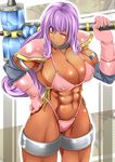  1girl abs alop-net bikini breasts choker dark_skin dragon_quest elbow_gloves gloves hammer hand_on_hip highres hips holding huge_breasts long_hair looking_at_viewer macto muscle purple_eyes purple_hair shoulder_pads smile soldier_(dq3) solo swimsuit thick_thighs thighs weapon wink 