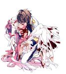  1girl bad_id bad_pixiv_id blood blood_on_face blood_stain bloody_clothes breast_pillow brown_hair carrying code_geass death dress euphemia_li_britannia formal high_heels hug kururugi_suzaku long_hair one_knee pink_dress pink_hair princess_carry r0c shoes short_hair simple_background spoilers white_background 