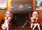  bad_id bad_pixiv_id bare_legs bat_wings blonde_hair chair fireplace flandre_scarlet hat interlocked_fingers lavender_hair looking_at_viewer matsuyama_nozomu multiple_girls red_eyes remilia_scarlet siblings side_ponytail sisters sitting smile socks touhou wings 