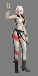  3d absurdres bodysuit boots bra christie_(doa) dead_or_alive dead_or_alive_5 full_body gloves high_heels highres lingerie open_clothes shoes simple_background solo standing underwear unitard unzipped white_bodysuit white_eyes white_hair 