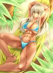 1girl abs alop-net arms_behind_head bad_id bikini blonde_hair breasts character_request hammock highres huge_breasts long_hair looking_at_viewer lying macto muscle open_mouth solo source_request spread_legs swimsuit tree yellow_eyes 