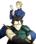  ahoge black_hair blonde_hair blue_eyes command_spell fate/zero fate_(series) gae_buidhe gloves kayneth_el-melloi_archibald lancer_(fate/zero) male_focus multiple_boys piroshiki123 polearm single_glove spear weapon white_gloves yellow_eyes 