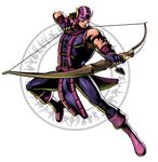  1boy absurdres archer arrow bow_(weapon) capcom hawkeye_(marvel) highres jumping male male_focus marksman marvel marvel_vs._capcom marvel_vs._capcom_3 marvel_vs_capcom marvel_vs_capcom_3 mask mori_toshiaki muscle official_art purple_shoes shinkiro solo solo_focus weapon 