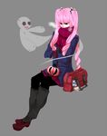  bad_id bad_pixiv_id bag breath coat contemporary crown ghost gloves highres kumacy leg_warmers long_hair mini_crown one_piece pantyhose perona pink_hair red_scarf scarf simple_background solo tekebotti twintails very_long_hair winter_clothes 