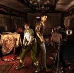  1boy 1girl absurdres billy_coen capcom cuffs gun hand_cuff handcuffs highres official_art rebecca_chambers resident_evil resident_evil_0 weapon 