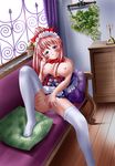  blue_eyes breasts censored couch koutetsu_tenshi_kurumi kurumi_(koutetsu_tenshi_kurumi) large_breasts long_hair maid maid_headdress masturbation nipples nude pillow pink_hair purple_eyes pussy pussy_juice pussy_juice_pool thighhighs white_legwear window 