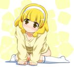  blonde_hair blush bottomless cardigan hairband kise_yayoi naked_cardigan precure sch sitting smile_precure! socks solo tears wariza white_hairband yellow_eyes 