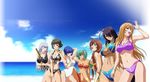  6+girls beach bikini blonde_hair blue_eyes blue_hair brown_eyes brown_hair chouhi_ekitoku chouun_shiryuu cloud dark_skin everyone eyepatch female glasses green_eyes green_hair ikkitousen kan'u_unchou kanu_unchou katana long_breasts long_hair medical_eyepatch multiple_girls ocean official_art purple_hair ryofu_housen ryomou_shimei ryuubi_gentoku short_hair sitting smile sonsaku_hakufu standing summer swimsuit sword twintails water weapon white_hair 