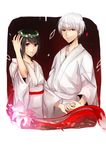  1girl bad_id bad_pixiv_id black_hair brown_eyes fatal_frame fatal_frame_2 flower highres japanese_clothes kimono kurosawa_sae kurozatou_owata obi red_string sash short_hair string tachibana_itsuki white_hair 