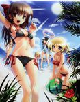  :d absurdres arm_up armpits ass ball bare_shoulders beachball bikini black_bikini blonde_hair blue_eyes blue_sky blush bow breasts brown_eyes brown_hair cleavage cleavage_cutout cloud day fingernails fisheye hair_bow halterneck highres innertube katahira_masashi kneeling light_rays long_hair looking_at_viewer looking_back multiple_girls nail_polish navel one-piece_swimsuit open_mouth original perspective red_bikini scan shiny shiny_skin short_hair side-tie_bikini sky small_breasts smile strap_gap sun sunbeam sunlight swimsuit underboob wading watermelon_beachball 