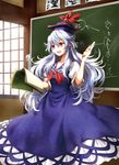  :d blue_hair book chalk chalkboard dress hat holding holding_book kamishirasawa_keine long_hair open_book open_mouth red_eyes ria smile solo touhou 