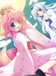  :d animal_ears blue_eyes blue_hair brown_hair chikotam dango fang food geta highres japanese_clothes kimono lossy-lossless moon multiple_girls open_mouth pink_hair smile tail wagashi wanko_to_lily 
