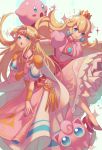  2019 2girls :&gt; artist_name bead_necklace beads belt blue_eyes bracer cape creatures_(company) crown dress earrings elbow_gloves game_freak gen_1_pokemon gloves high_heels highres index_finger_raised jewelry jigglypuff kirby kirby_(series) long_hair looking_at_viewer mario_(series) mini_crown multiple_girls nail_polish necklace nintendo open_mouth pink_dress pink_footwear pink_nails pointy_ears pokemon princess_peach princess_zelda puffy_short_sleeves puffy_sleeves short_sleeves shoulder_armor sparkle star super_mario_bros. super_smash_bros. super_smash_bros._ultimate the_legend_of_zelda tiara white_gloves yume_ou 