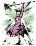  animal_ears arm_up bobby_socks broom dress emphasis_lines fang full_body gesture green_background green_eyes green_hair hand_on_hip kasodani_kyouko long_sleeves looking_at_viewer milksea one_eye_closed open_mouth pink_dress shoes short_hair socks solo standing standing_on_one_leg teeth touhou white_background 