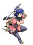  1girl armor blue_hair costume eyepatch green_eyes highres ikkitousen official_art ryomou_shimei short_hair sword weapon 