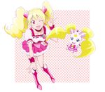  \m/ blonde_hair blue_eyes boots bow candy_(smile_precure!) choker color_connection creature cure_candy cure_peach eyelashes fresh_precure! full_body hair_ornament hairpin heart heart_hair_ornament kijinaka_mahiro knee_boots long_hair look-alike magical_girl momozono_love one_eye_closed pink_bow pink_choker pink_eyes pink_footwear precure skirt smile smile_precure! twintails 