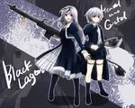  1girl axe bad_id bad_pixiv_id black_lagoon bow dress dual_wielding frills gretel_(black_lagoon) grey_hair gun hair_ribbon hairband hansel_(black_lagoon) holding kumaru long_hair m1918_bar machine_gun purple_eyes ribbon short_hair siblings smile twins weapon 