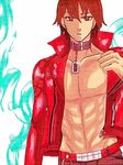  abs archer archer_(cosplay) bad_id bad_pixiv_id cosplay fate/extra fate/extra_ccc fate_(series) jacket kishinami_hakuno_(male) male_focus open_clothes open_jacket red_eyes red_hair red_jacket solo vinaya 