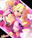  blonde_hair bow breasts choker cleavage collarbone copyright_name cure_peach dutch_angle earrings fresh_precure! frilled_skirt frills hair_ornament heart heart_hair_ornament jewelry long_hair magical_girl magister_(medical_whiskey) medium_breasts momozono_love non-web_source open_mouth pink_bow pink_choker pink_eyes precure skirt solo twintails wrist_cuffs 