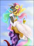  blue_eyes claws clouds crown cutie_mark discord_(mlp) draconequus equine eyes_closed fangs female fluttershy_(mlp) friendship_is_magic hair horn horse hug male mn27 multi-colored_hair my_little_pony necklace pegasus pony princess_celestia_(mlp) sky smile sparkles talon twilight_sparkle_(mlp) unicorn winged_unicorn wings 